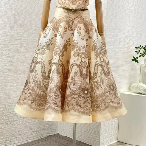 Elegant Floral Print Linen Silk Cut Out Strapless Midi Dress for Women